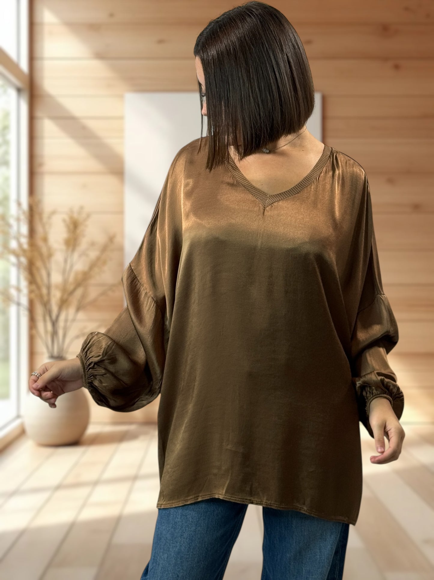 BARBARA - TUNIQUE CAMEL OVERSIZE ASPECT SOIE JUSQU'A LA TAILLE 52
