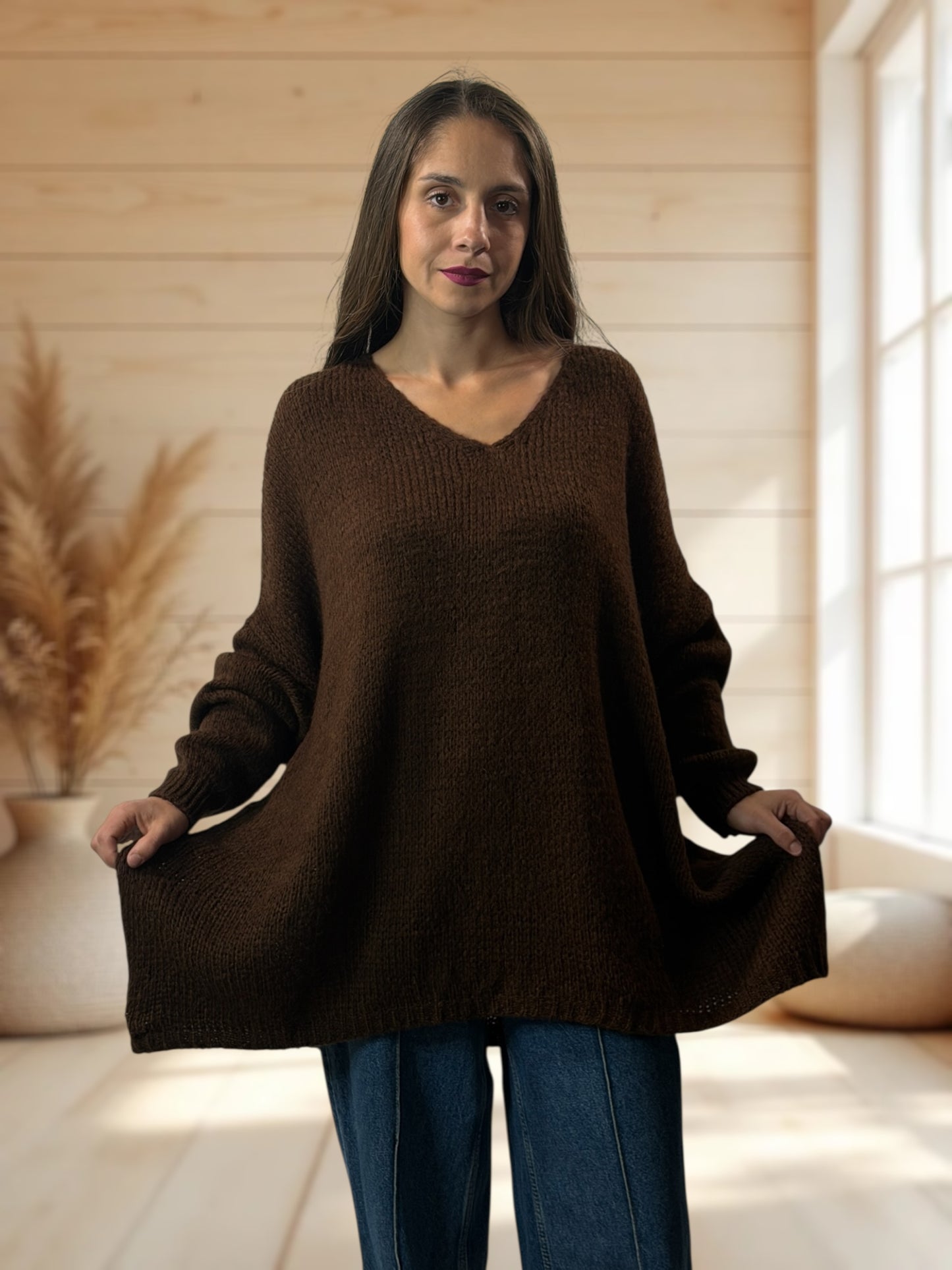 RICKOU - PULL OVERSIZE MARRON MOTIF SOLEIL JUSQU'A LA TAILLE 56