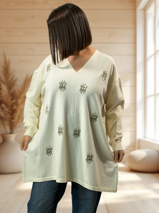 RITA - PULL OVERSIZE BLANC CASSE AVEC OEIL EN SEQUINS JUSQU'A LA TAILLE 54