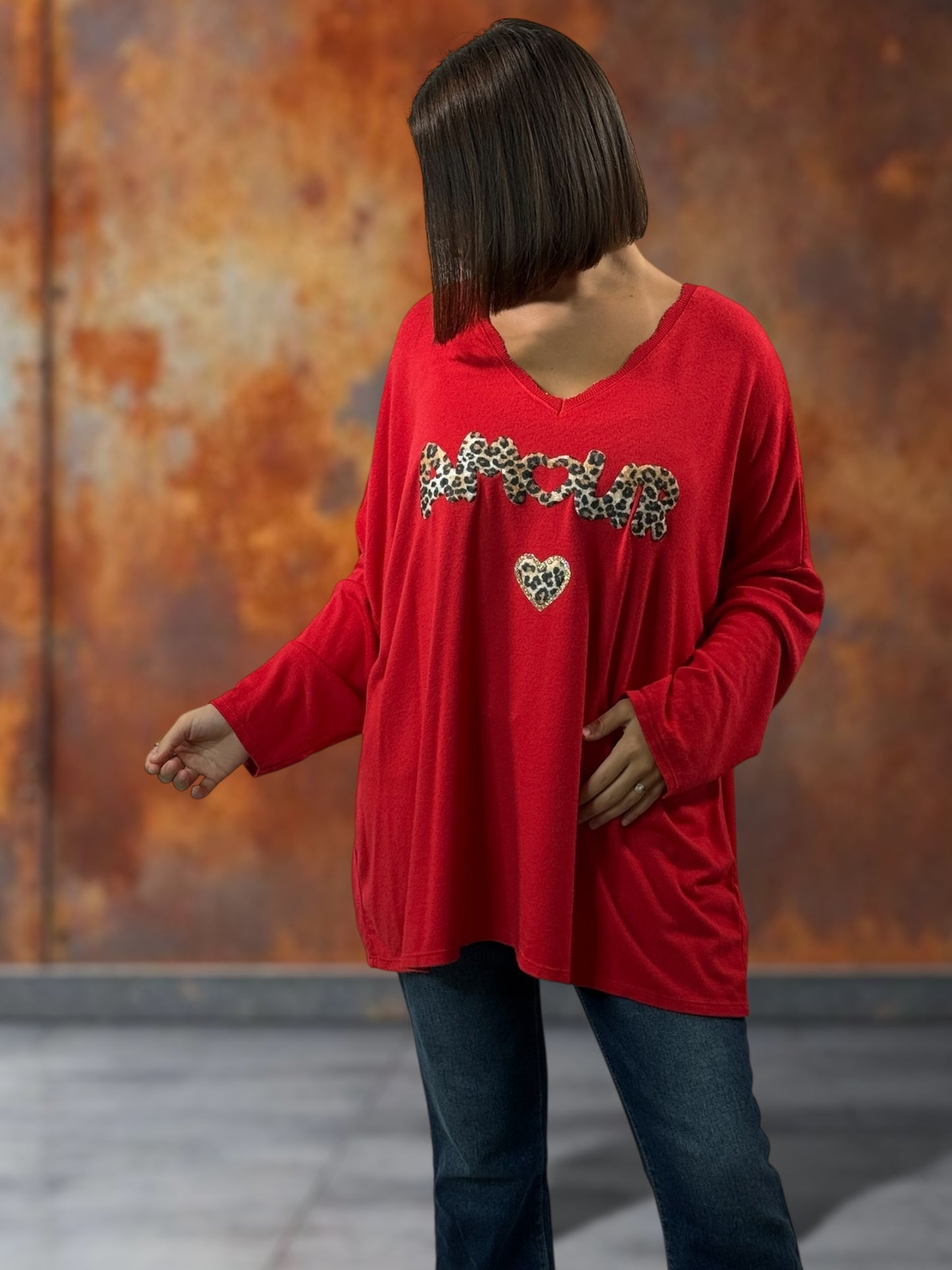 CARLITA - PULL ROUGE EN MAILLE FLUIDE JUSQU'A LA TAILLE 54