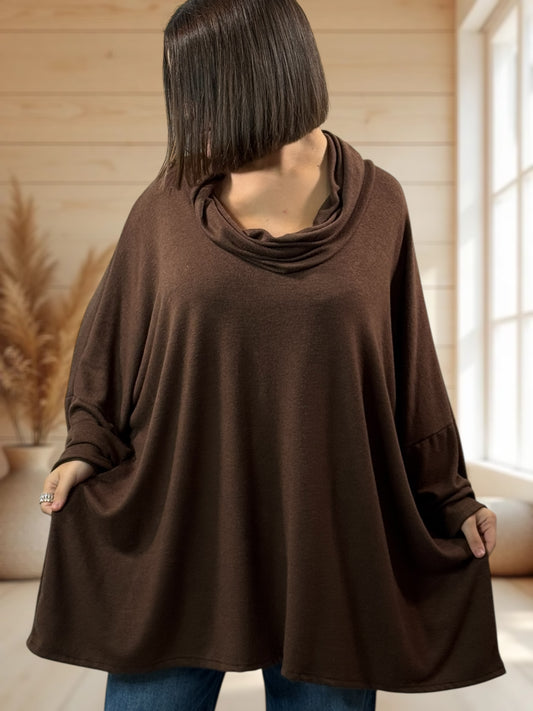ABIGAIL - PULL OVERSIZE MARRON EN MAILLE FLUIDE JUSQU'A LA TAILLE 56