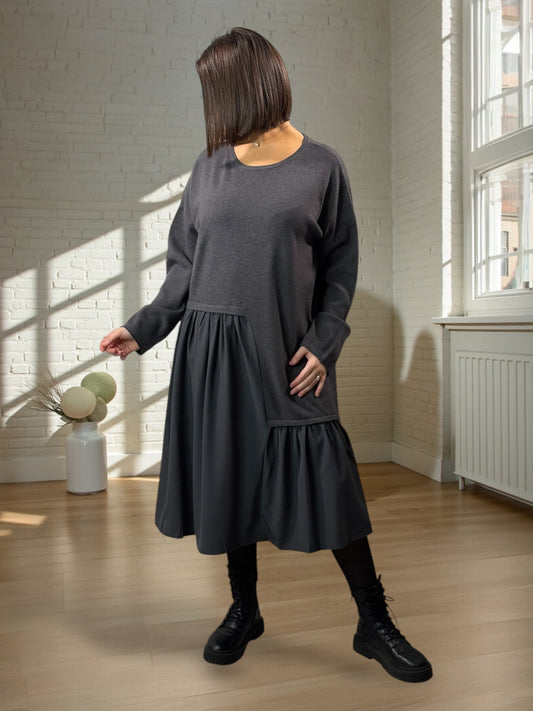 HELENA - ROBE BI-MATIÈRE GRISE JUSQU'A LA TAILLE 52