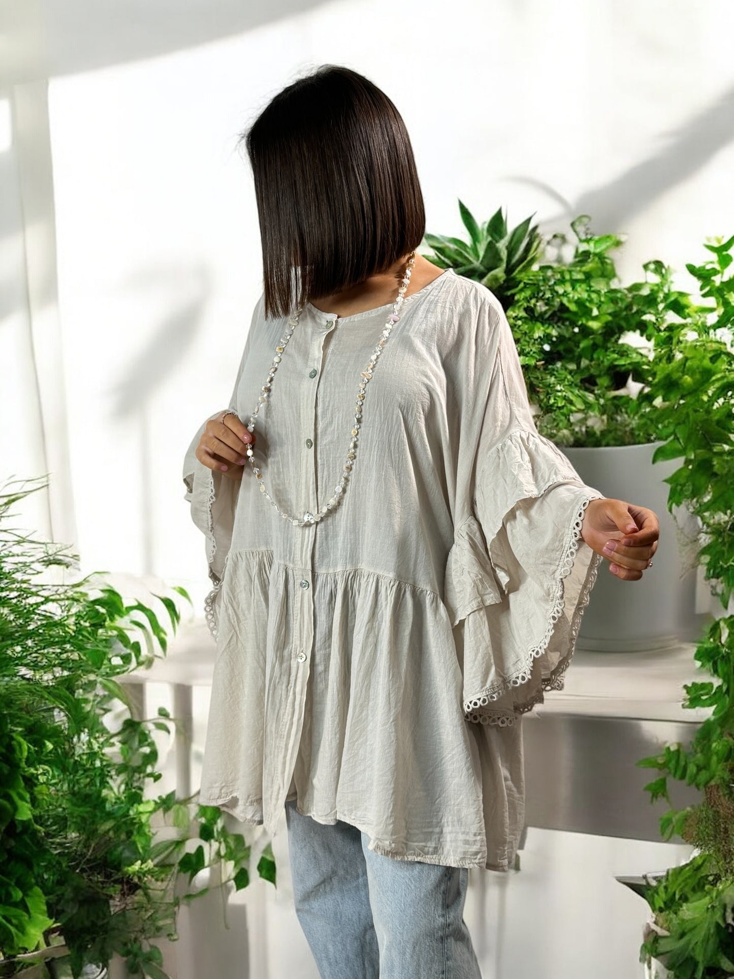 CORALINE - BLOUSE OVERSIZE BEIGE EN COTON JUSQU'A LA TAILLE 52/54