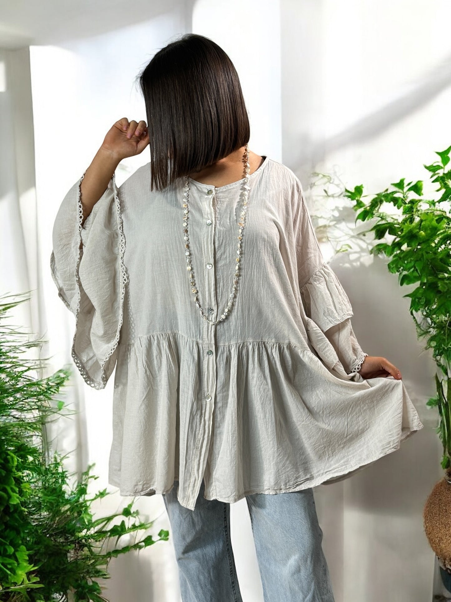 CORALINE - BLOUSE OVERSIZE BEIGE EN COTON JUSQU'A LA TAILLE 52/54