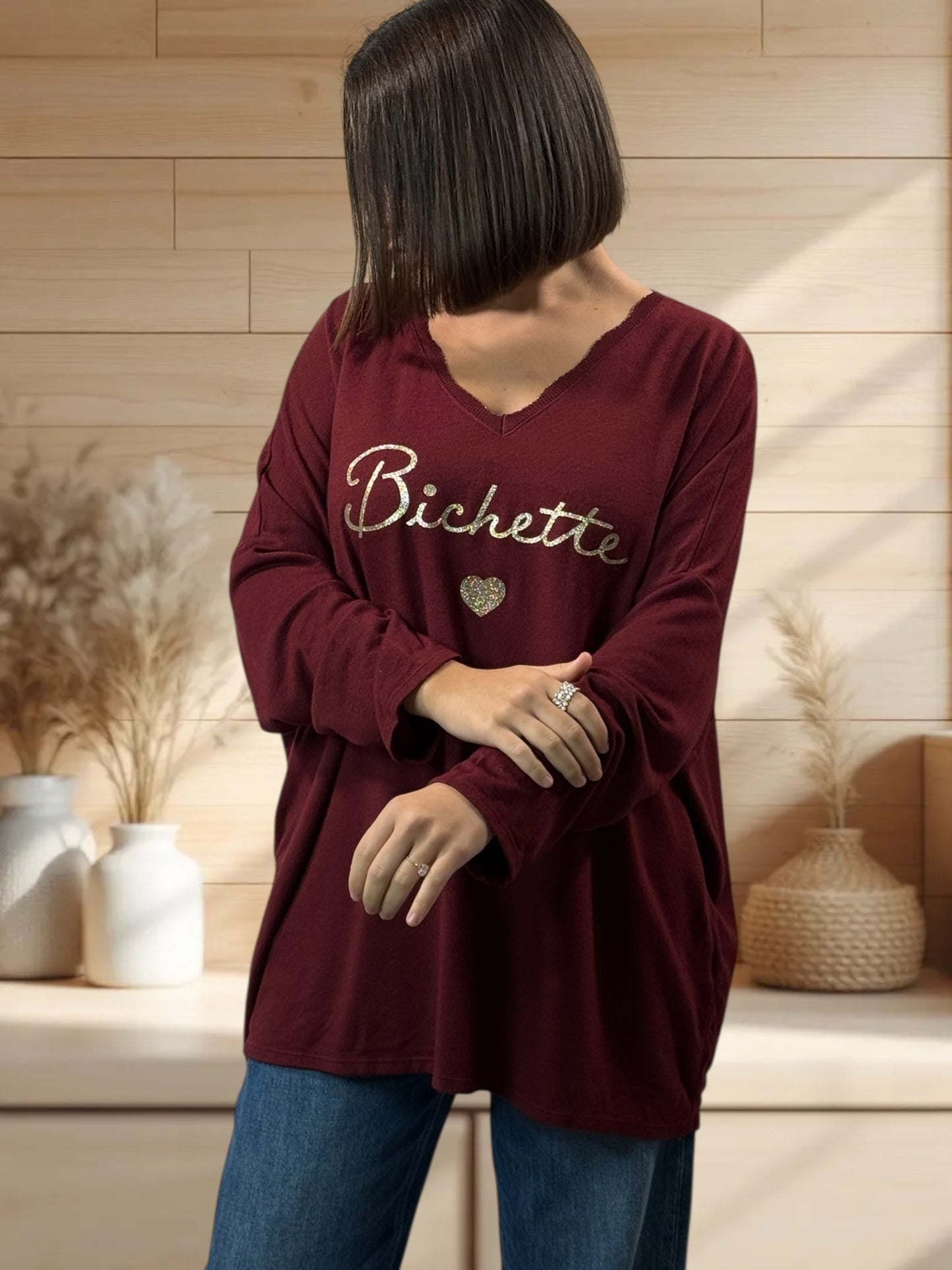 BICHETTE - PULL BORDEAUX EN MAILLE FLUIDE JUSQU'A LA TAILLE 54/56