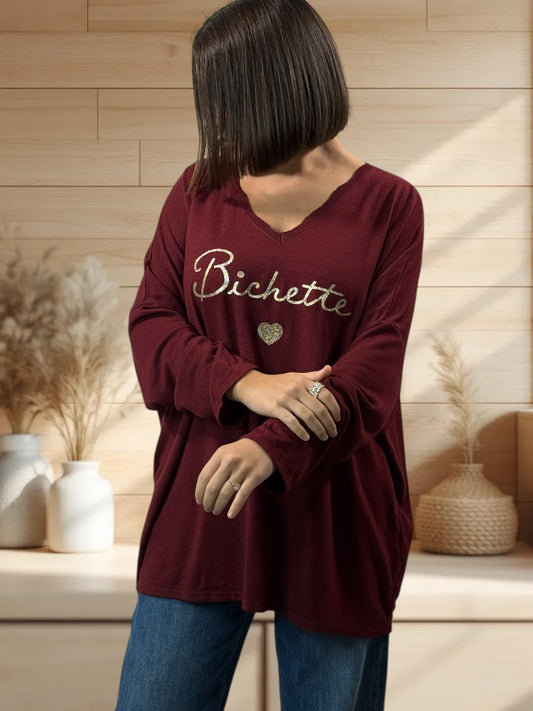 BICHETTE - PULL BORDEAUX EN MAILLE FLUIDE JUSQU'A LA TAILLE 54/56