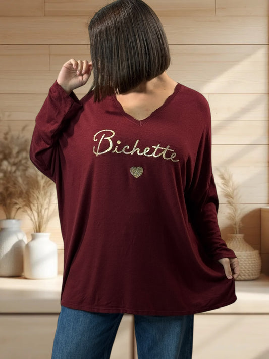 BICHETTE - PULL BORDEAUX EN MAILLE FLUIDE JUSQU'A LA TAILLE 54/56