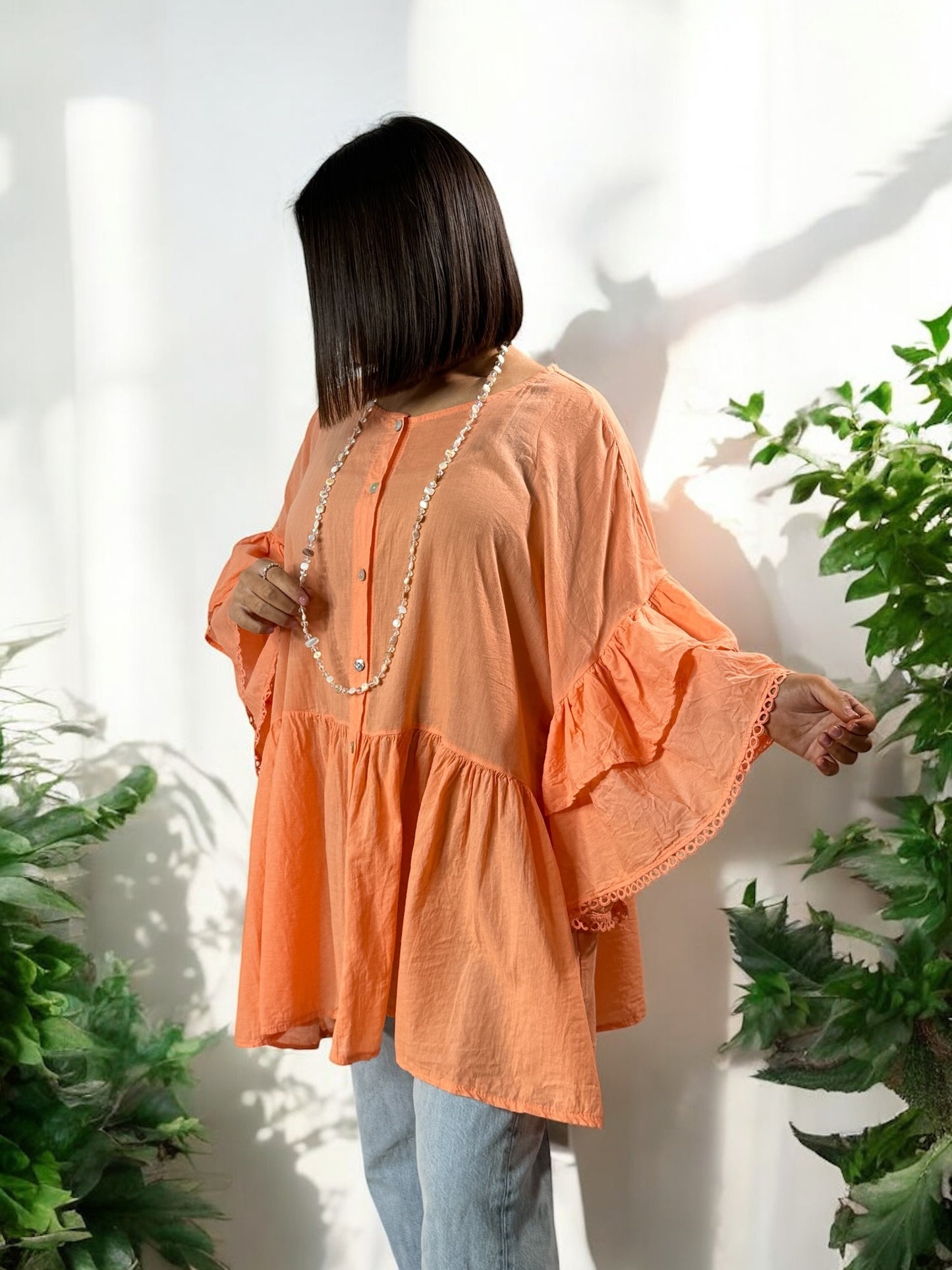 CORALINE - BLOUSE OVERSIZE ORANGE EN COTON JUSQU'A LA TAILLE 52/54