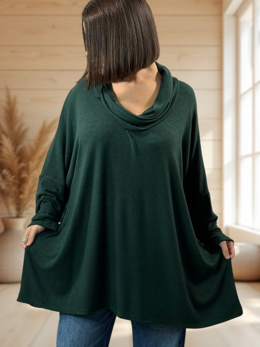ABIGAIL - PULL OVERSIZE VERT BOUTEILLE EN MAILLE FLUIDE JUSQU'A LA TAILLE 56