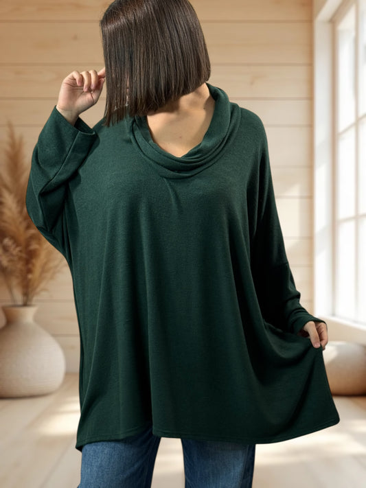 ABIGAIL - PULL OVERSIZE VERT BOUTEILLE EN MAILLE FLUIDE JUSQU'A LA TAILLE 56