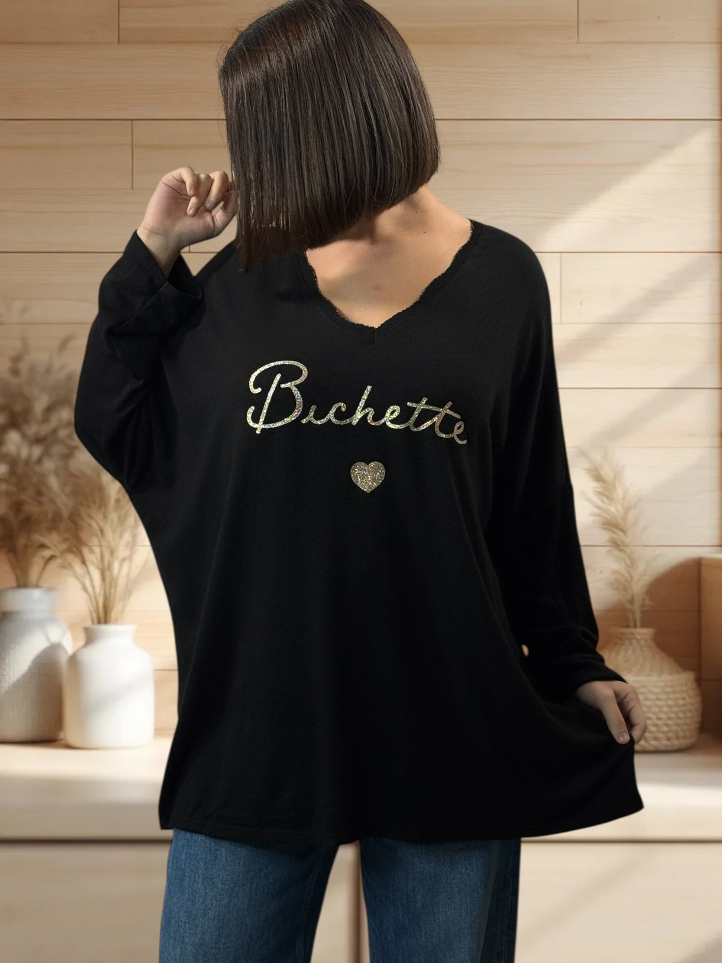 BICHETTE - PULL NOIR EN MAILLE FLUIDE JUSQU'A LA TAILLE 54/56