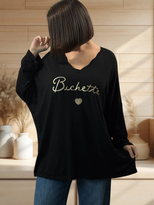 BICHETTE - PULL NOIR EN MAILLE FLUIDE JUSQU'A LA TAILLE 54/56