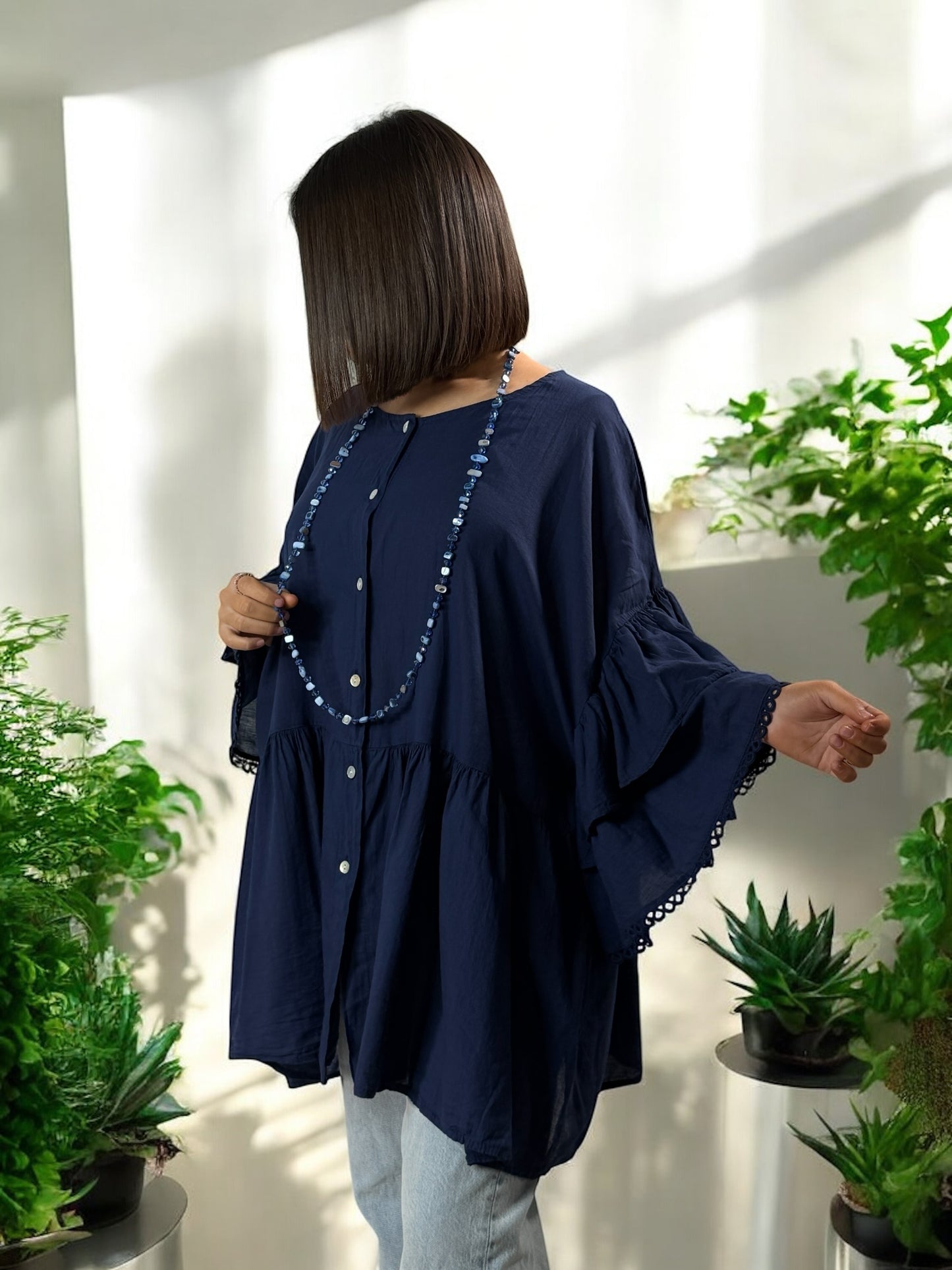 CORALINE - BLOUSE OVERSIZE MARINE EN COTON JUSQU'A LA TAILLE 52/54