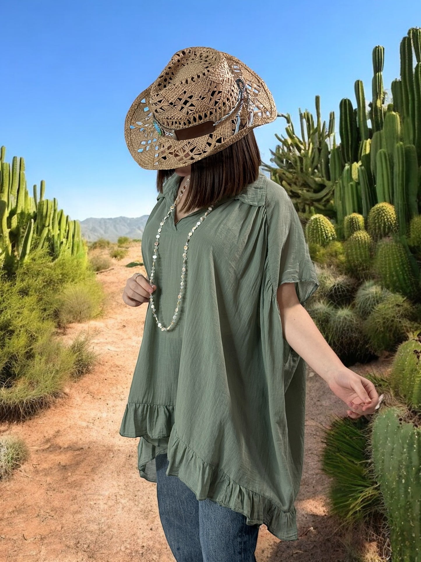 SERENA - BLOUSE KAKI OVERSIZE EN COTON JUSQU'A LA TAILLE 56