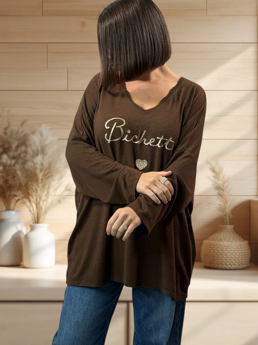 BICHETTE - PULL MARRON EN MAILLE FLUIDE JUSQU'A LA TAILLE 54/56