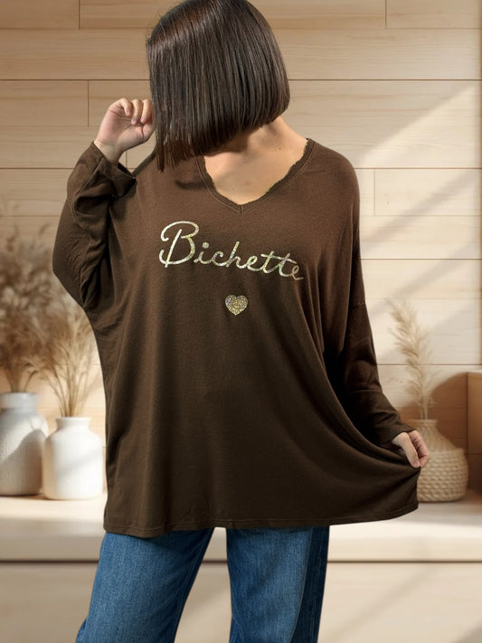 BICHETTE - PULL MARRON EN MAILLE FLUIDE JUSQU'A LA TAILLE 54/56