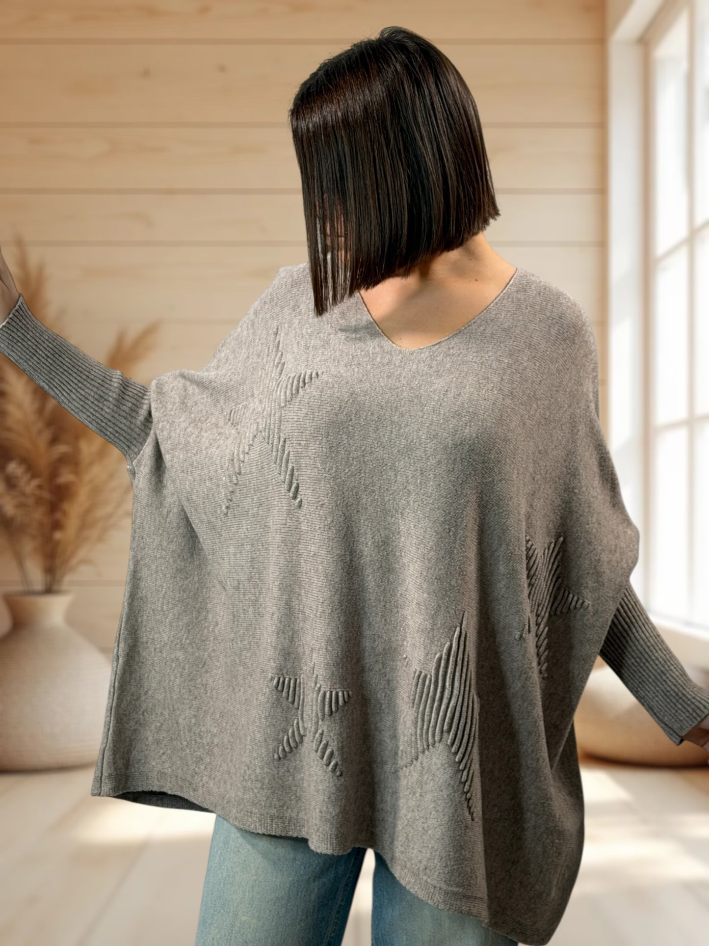 ZAZA - PULL OVERSIZE NOIR MOTIF ETOILE JUSQU'A LA TAILLE 56