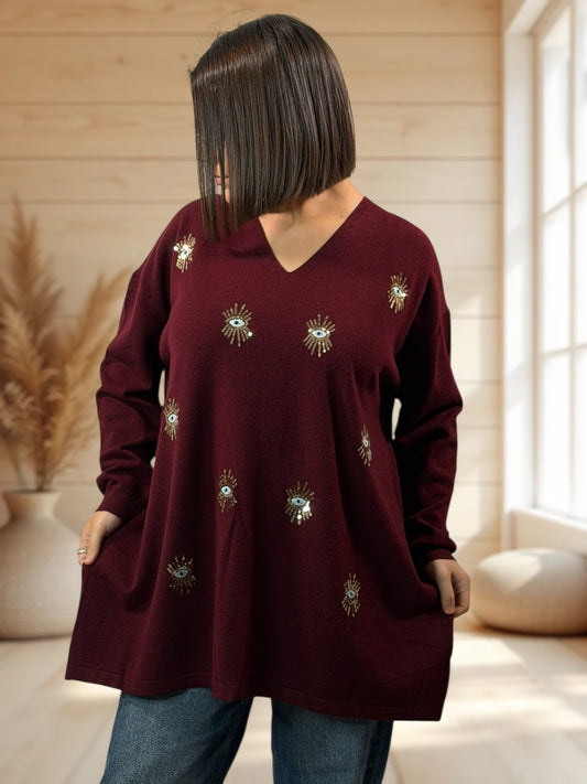 RITA - PULL OVERSIZE BORDEAUX AVEC OEIL EN SEQUINS JUSQU'A LA TAILLE 54