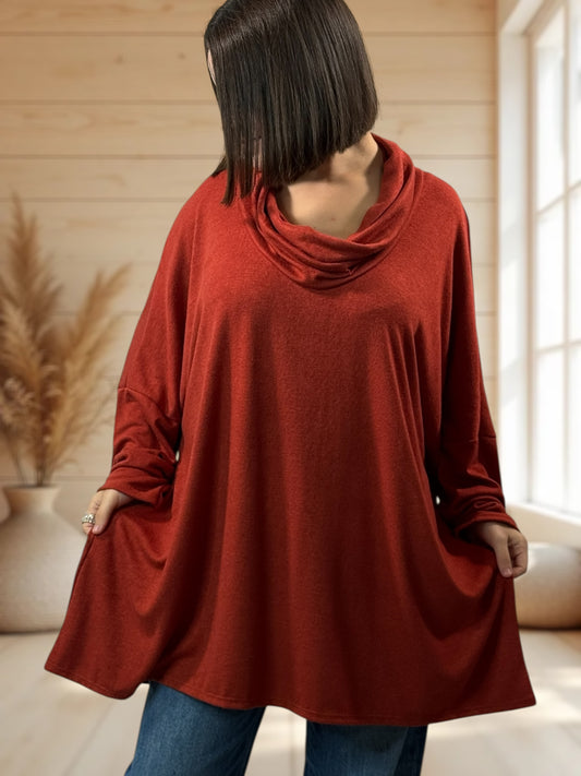 ABIGAIL - PULL OVERSIZE ROUX EN MAILLE FLUIDE JUSQU'A LA TAILLE 56