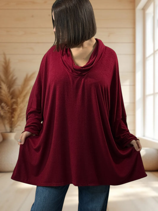 ABIGAIL - PULL OVERSIZE BORDEAUX EN MAILLE FLUIDE JUSQU'A LA TAILLE 56