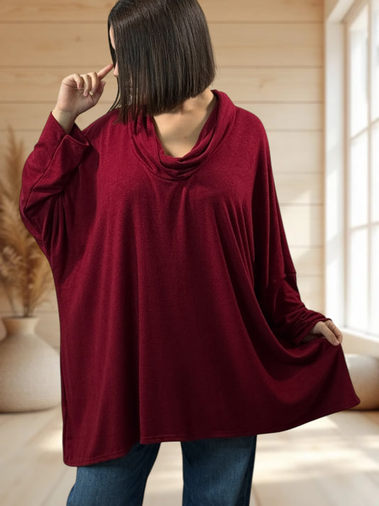 ABIGAIL - PULL OVERSIZE BORDEAUX EN MAILLE FLUIDE JUSQU'A LA TAILLE 56