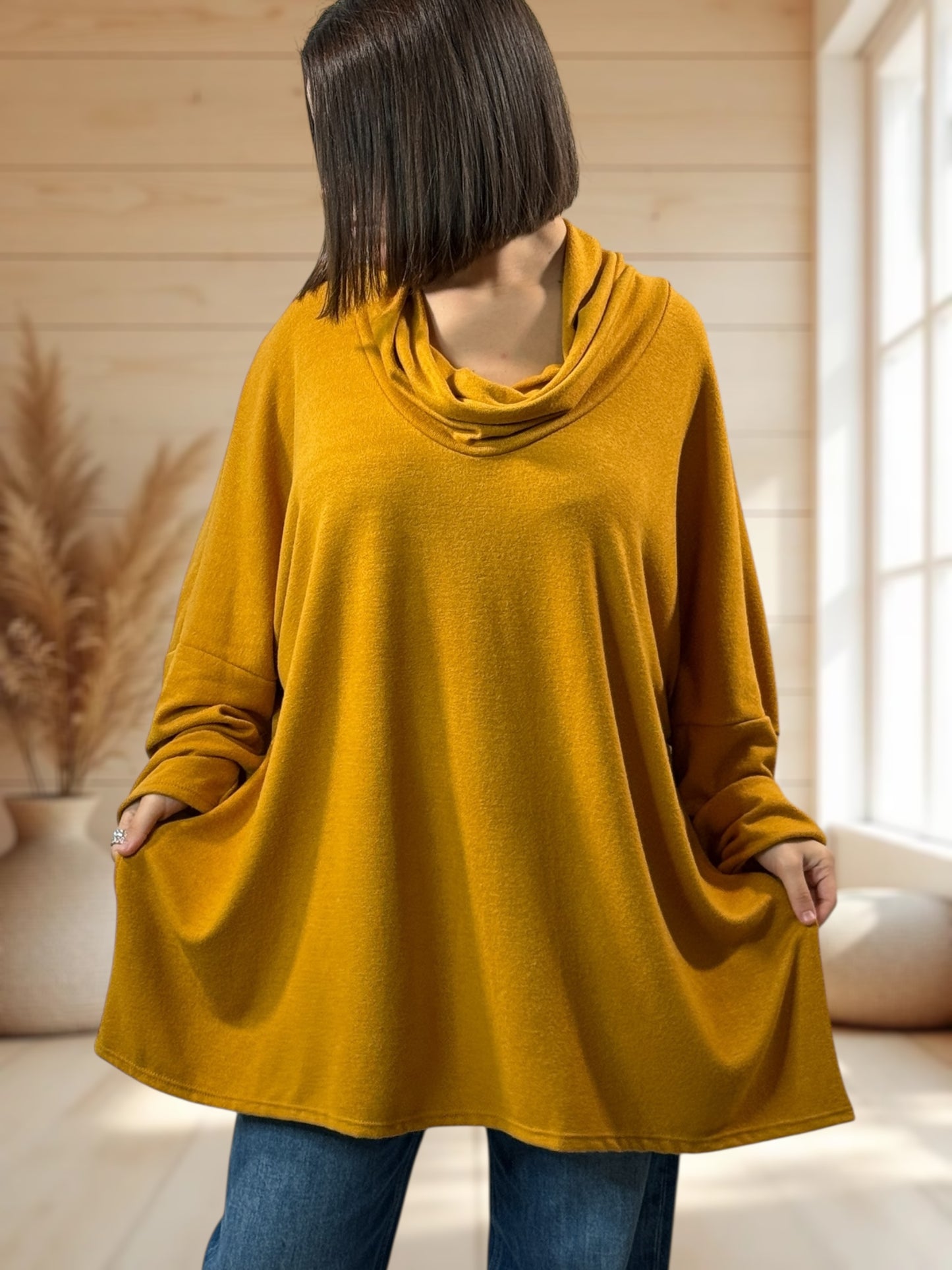 ABIGAIL - PULL OVERSIZE CURRY EN MAILLE FLUIDE JUSQU'A LA TAILLE 56