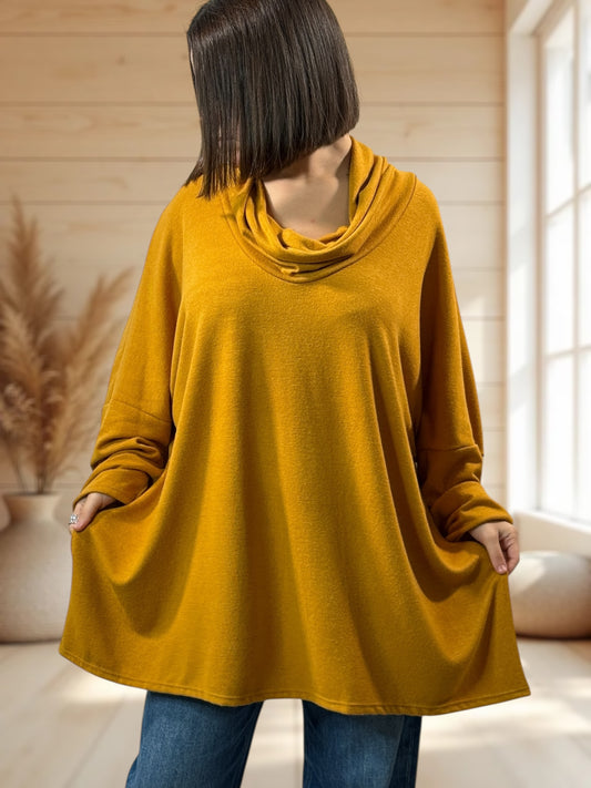 ABIGAIL - PULL OVERSIZE CURRY EN MAILLE FLUIDE JUSQU'A LA TAILLE 56