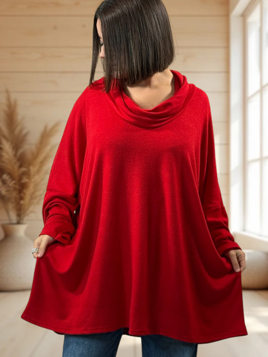 ABIGAIL - PULL OVERSIZE ROUGE EN MAILLE FLUIDE JUSQU'A LA TAILLE 56