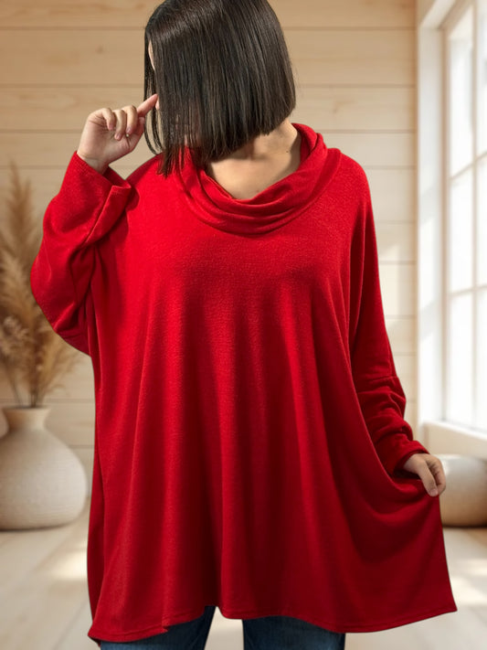 ABIGAIL - PULL OVERSIZE ROUGE EN MAILLE FLUIDE JUSQU'A LA TAILLE 56