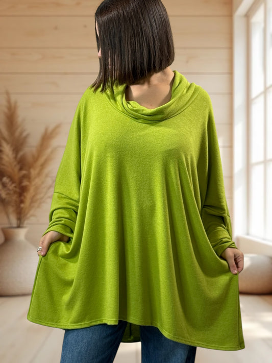 ABIGAIL - PULL OVERSIZE VERT ANIS EN MAILLE FLUIDE JUSQU'A LA TAILLE 56