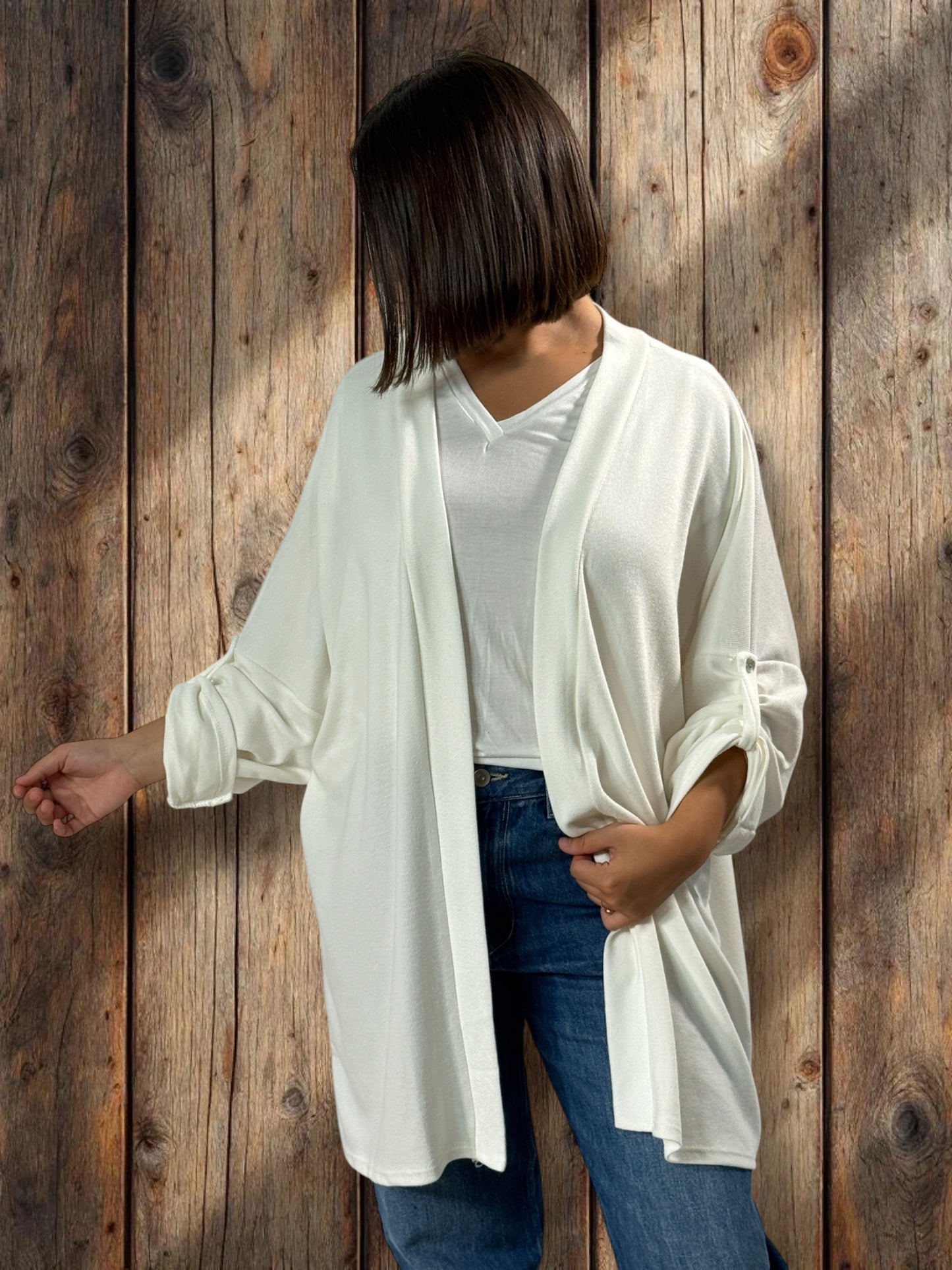 TEDDY - GILET BLANC CASSE EN MAILLE OVERSIZE JUSQU'A LA TAILLE 54