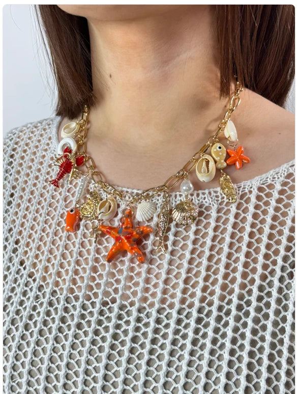 Lot De Colliers Sautoirs Fantaisie - Perles, Coquillages, Oxydes, Style Marron, Occasion