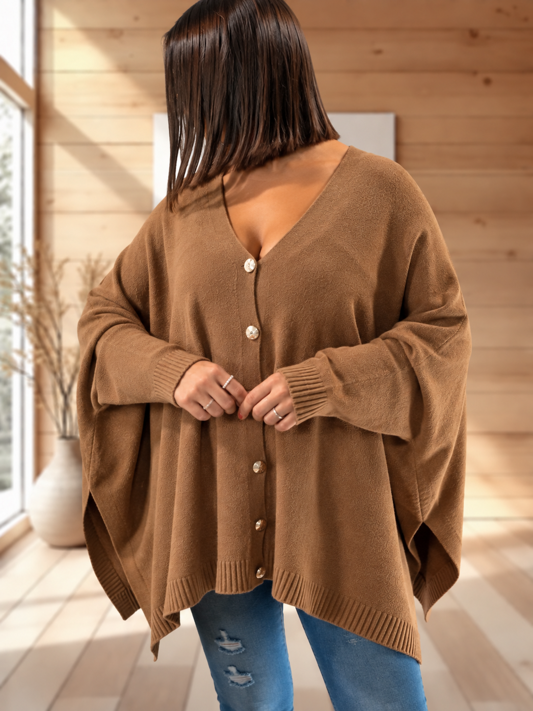 MATHILDE - GILET OVERSIZE CAMEL JUSQU'A LA TAILLE 56/58