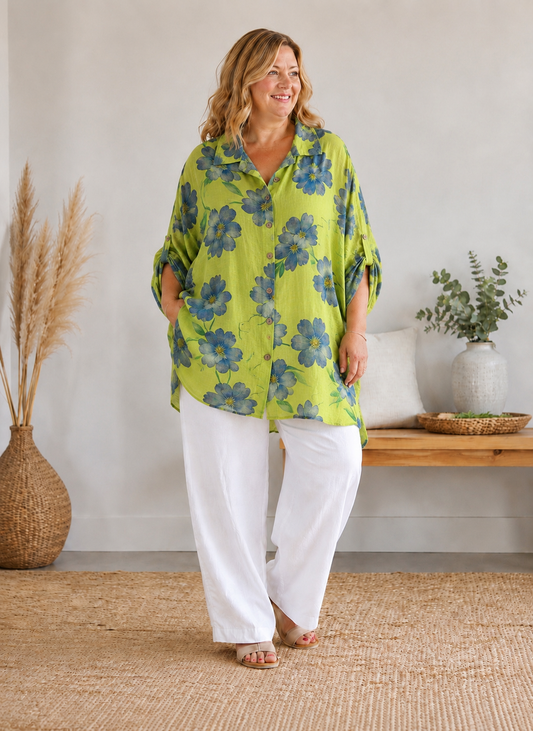 LILIBELLE - CHEMISE VERTE A FLEUR JUSQU'A LA TAILLE 58