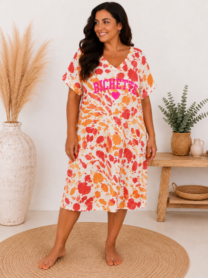 BICHETTE - ROBE A MOTIF ROUGE ORANGE JUSQU'A LA TAILLE 54