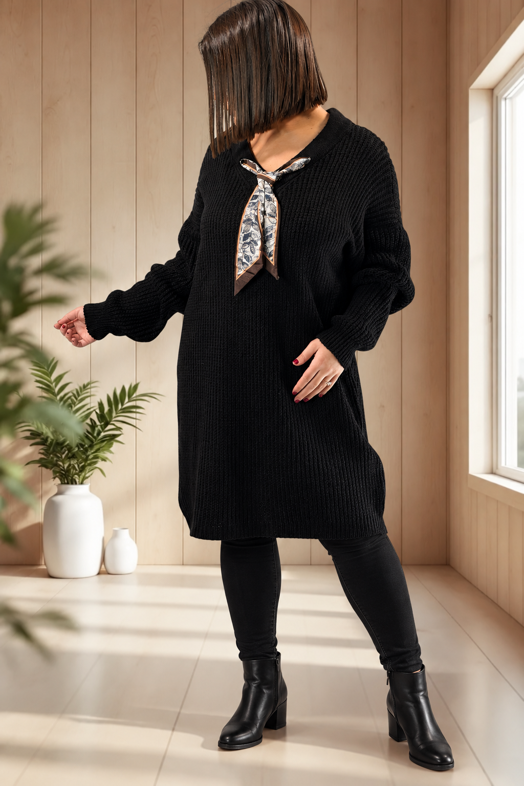 ALEXANDRA - PULL OVERSIZE NOIR AVEC CRAVATE JUSQU'A LA TAILLE 54/56