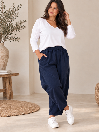 GALDINO - PANTALON MARINE EN VELOURS MILLERAIE JUSQU'A LA TAILLE 50/52