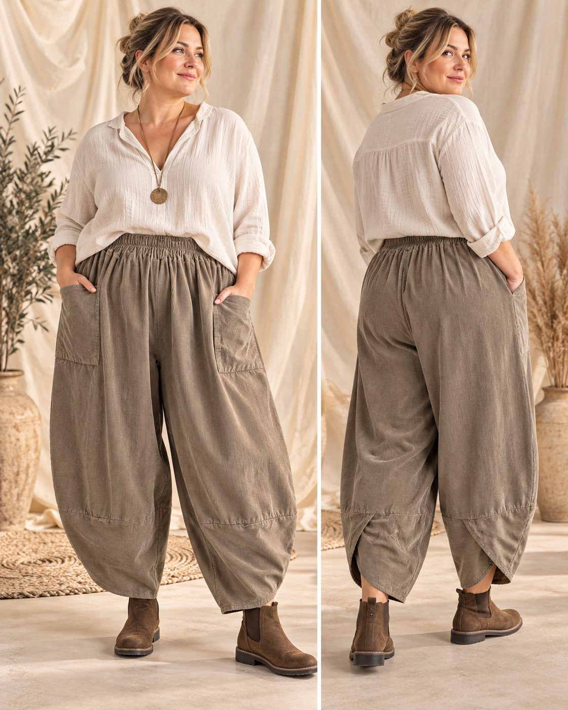 BASTIEN - PANTALON EN VELOURS MILLERAIE TAUPE JUSQU'A LA TAILLE 52
