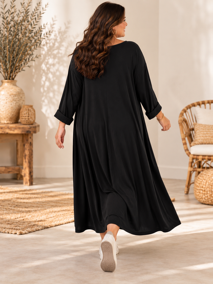 CHRISTA - ROBE TRAPEZE NOIRE EN MAILLE JUSQU'A LA TAILLE 56