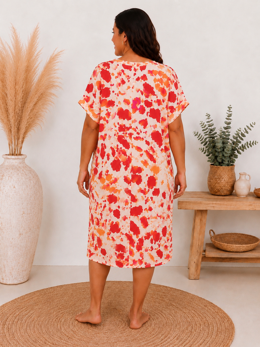 BICHETTE - ROBE A MOTIF ROUGE ORANGE JUSQU'A LA TAILLE 54