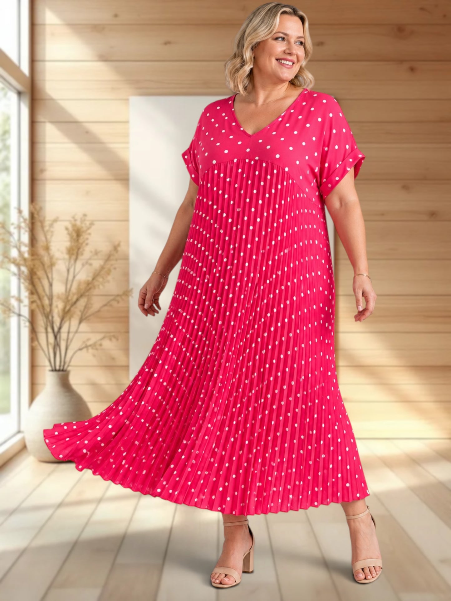 MELODIE - ROBE FUCHSIA A POIS PLISSEE JUSQU'A LA TAILLE 56