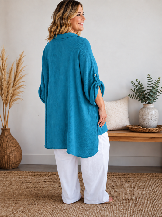AXELLE - CHEMISE BLEU CANARD EN GAZE DE COTON JUSQU'A LA TAILLE 58