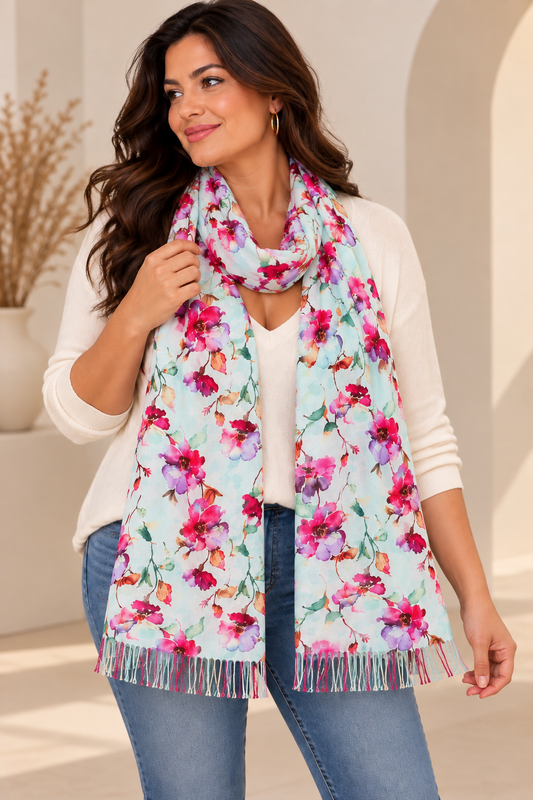 ELENA - ECHARPE BLEUE A FLEUR