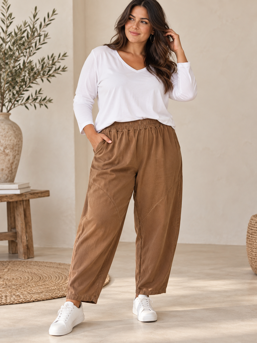 GALDINO - PANTALON CAMEL EN VELOURS MILLERAIE JUSQU'A LA TAILLE 50/52