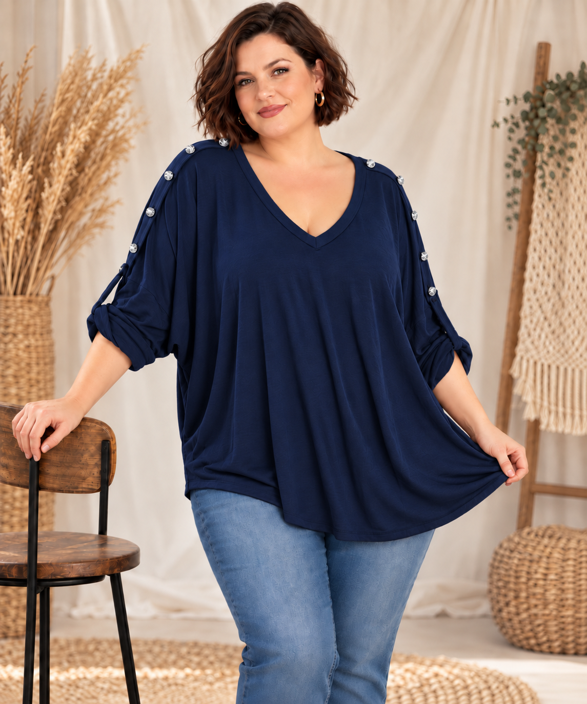 CLOVIS - PULL MARINE EN MAILLE FLUIDE AVEC BOUTONS JUSQU'A LA TAILLE 56