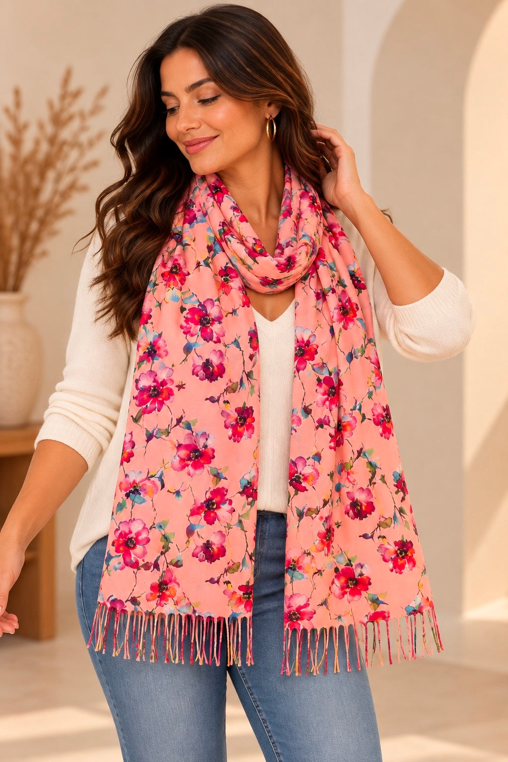 ELENA - ECHARPE ROSE A FLEUR