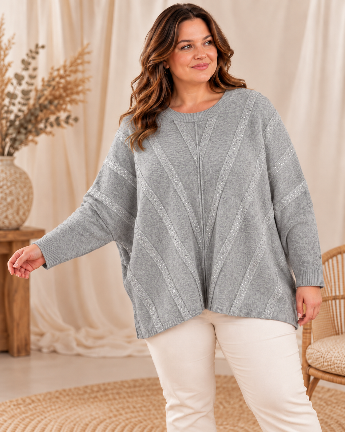 ROMY - PULL OVERSIZE GRIS AVEC PETIT SEQUINS JUSQU'A LA TAILLE 56