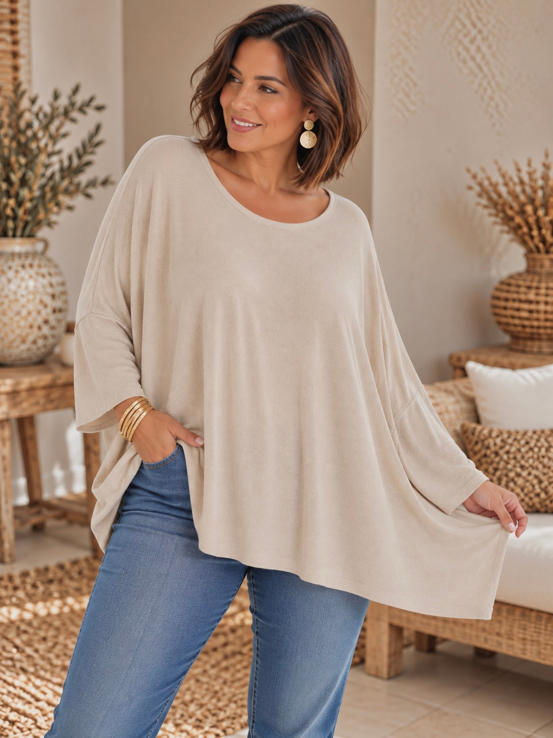 CAPRIO - PULL BEIGE EN MAILLE FLUIDE JUSQU'A LA TAILLE 54