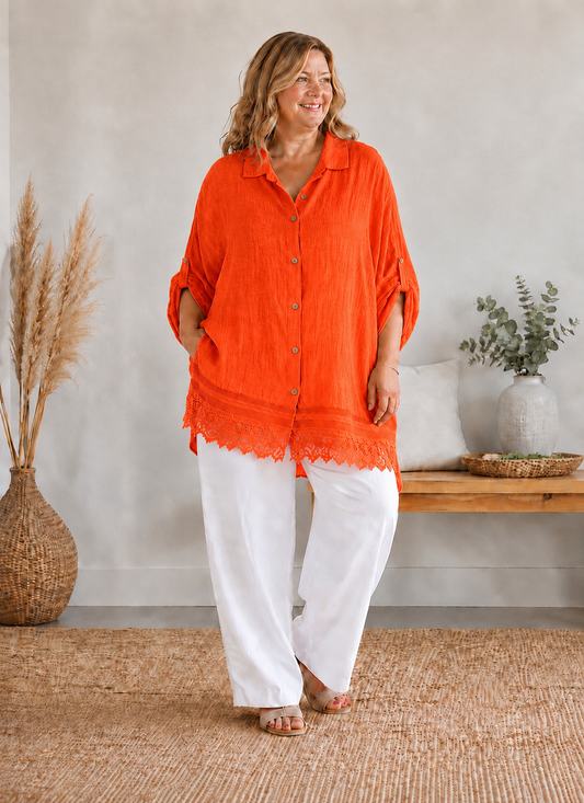 LUDIVINE - CHEMISE ORANGE AVEC DENTELLE JUSQU'A LA TAILLE 58