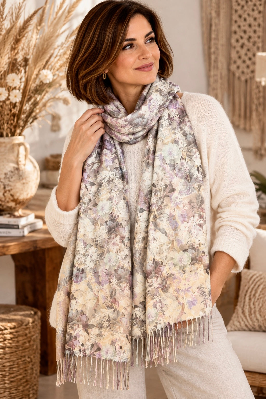 LILOU - ECHARPE BEIGE A FLEUR